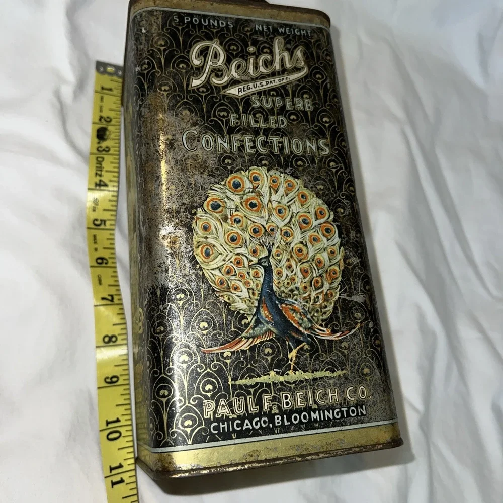Vintage Metal Antique Advertising Tin Beichs Candy Confections Chicago peacock